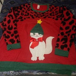 Womens plus size leopard, cat ugly sweater
